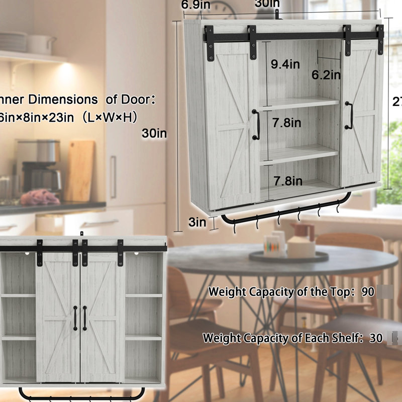 Armoire murale rustique 3 avec deux portes de grange coulissantes, gris rétro pour la cuisine, la salle à manger, la salle de bain, le salon, la porte de rangement
