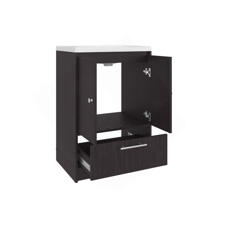Meuble-lavabo autoportant à 2 portes avec lavabo et tiroir inférieur Wengue, Wengé