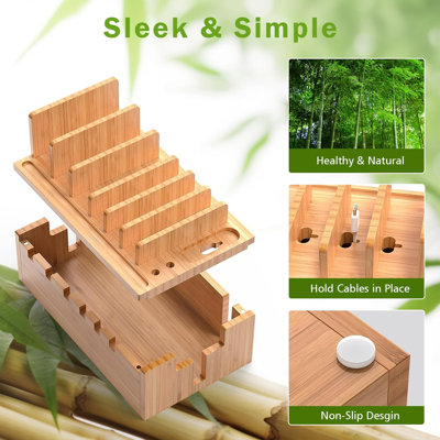 Bamboo Charging Station For Multiple Devices With 5 Port USB Charger, 5 Cables And Watch Stand. Wood Desktop Docking Stations Organizer For Cell Phone, Tablet, Watch, Office Accessories