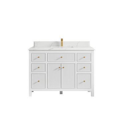 48 po X P 22 po D Sonoma, meuble-lavabo de salle de bain simple en blanc avec bordure en baie Calacatta Laza Quartz