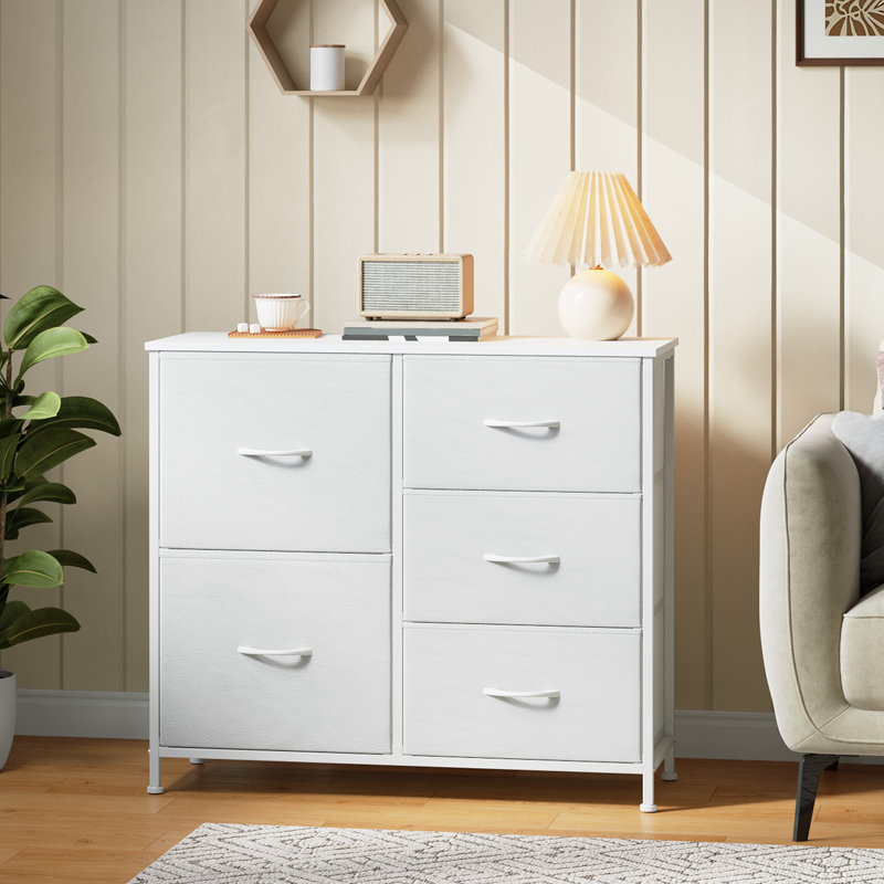  Commode 5 tiroirs en tissu blanc, commode large avec structure en métal robuste, commode de rangement pour le vestibule de la chambre à coucher