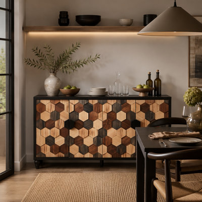 Distressed Storage Cabinet with Honeycomb Pattern, Modern Accent Cabinet with Doors for Entryway Buffet Sideboard Living Room Sideboard