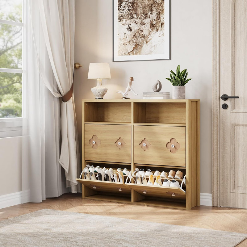 Shoe Cabinet with Flip Drawers, Slim Freestanding Shoe Rack Cabinet, Flower Pattern & Diamond-Shaped Handles, Natural, 4