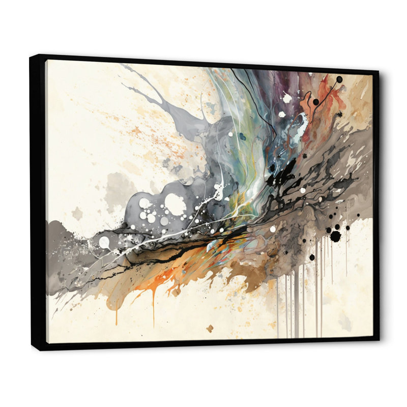 «Jazz Rhythms In Shades Of Grey III», art abstrait à l'encre liquide, Cadre flottant noir, H 16 po x l 32 po x P 1 po