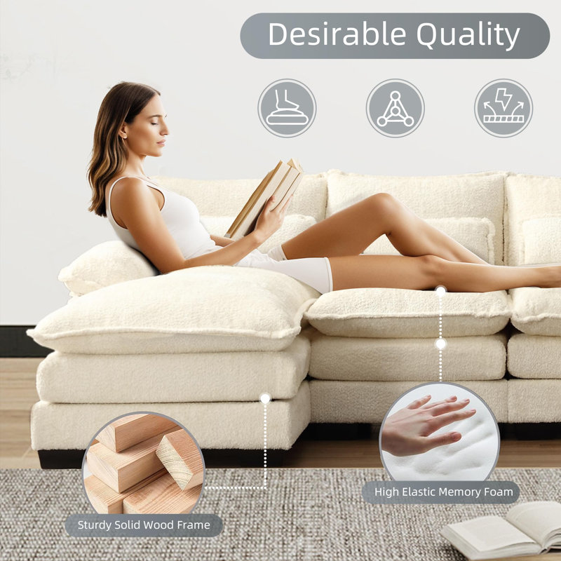 Beige Chenille U-Shaped Sectional Sofa with Solid Wood Frame