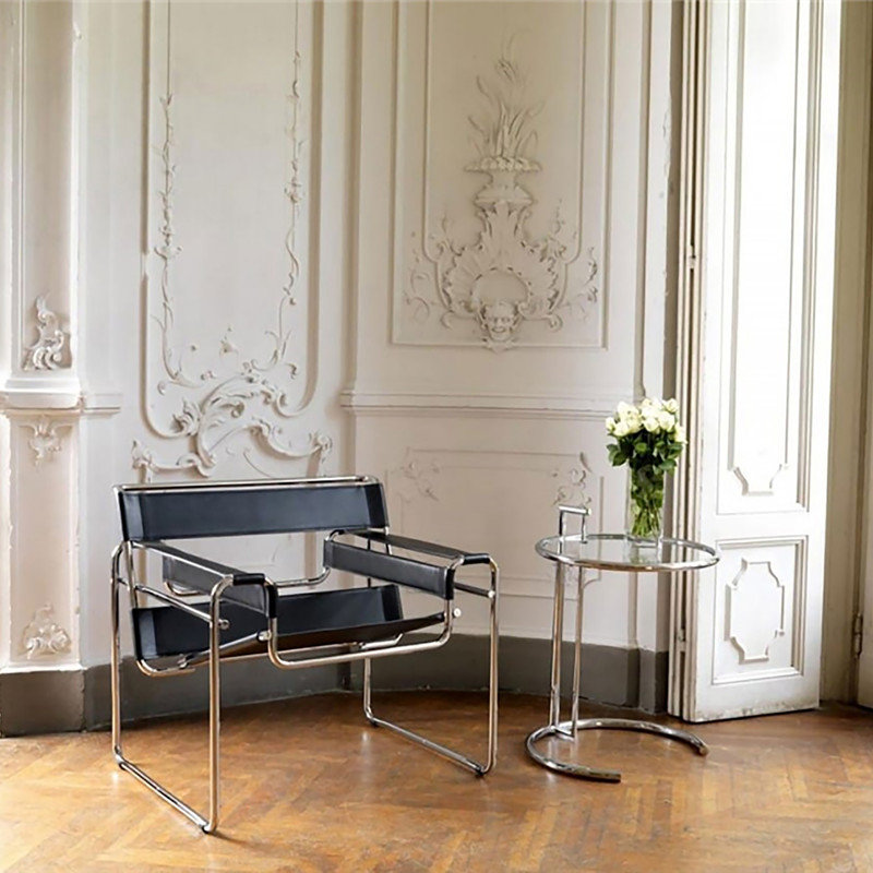 Fauteuil d'appoint en cuir et acier inoxydable, Similicuir noir