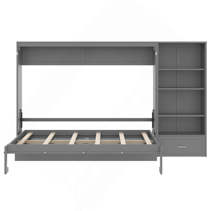 Lit escamotable avec compartiments de rangement et tablette réglables en hauteur, cadre de lit mural avec 1 tiroir, lit plateforme pliable multifonctionnel pour les petits espaces, chambre à coucher, chambre d'amis