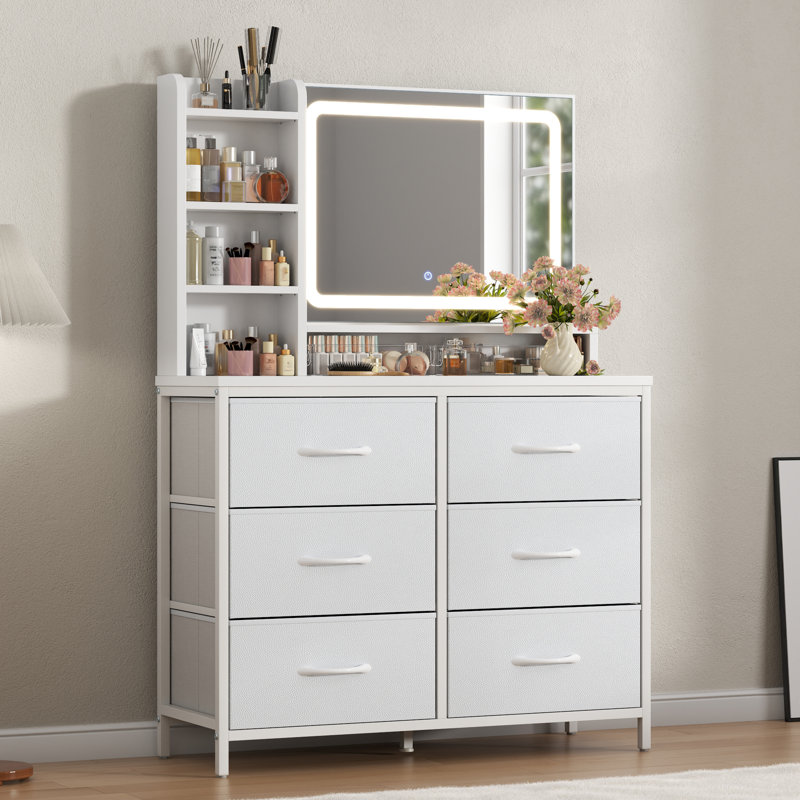 33” W Vanity Desk With Led Mirror, Modern Makeup Table With 6 Large Drawers, Dresser With Mirror For Bedroom, Chest Of Drawers With 3 Storage Shelves, 3 Lighting Modes