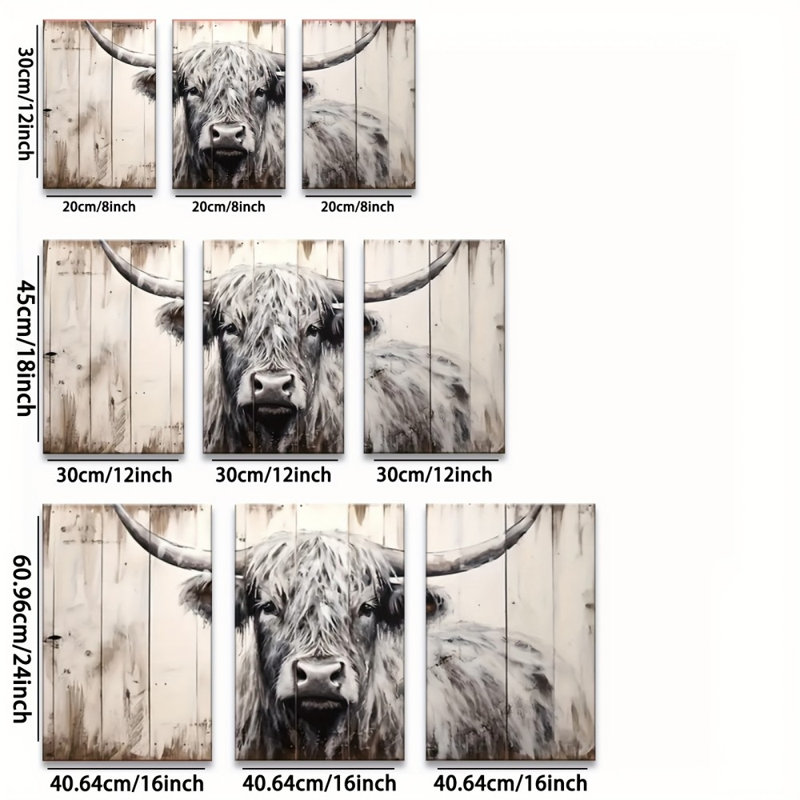 «Rustic Highland Cow», reproduction sur toile 3 pièces - espace de vie à la ferme, 36 * 24 pouces 3 pièces