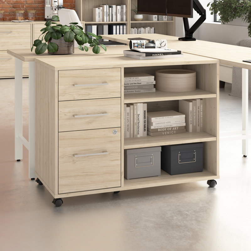 Bush Business Furniture Hustle Rolling Storage Cabinet With Drawers And Shelves - Assembled, Natural Elm