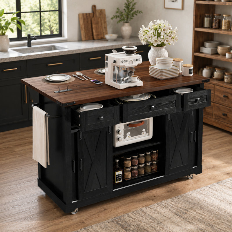 58" Farmhouse Rolling Kitchen Island with Drop Leaf and Charging Station