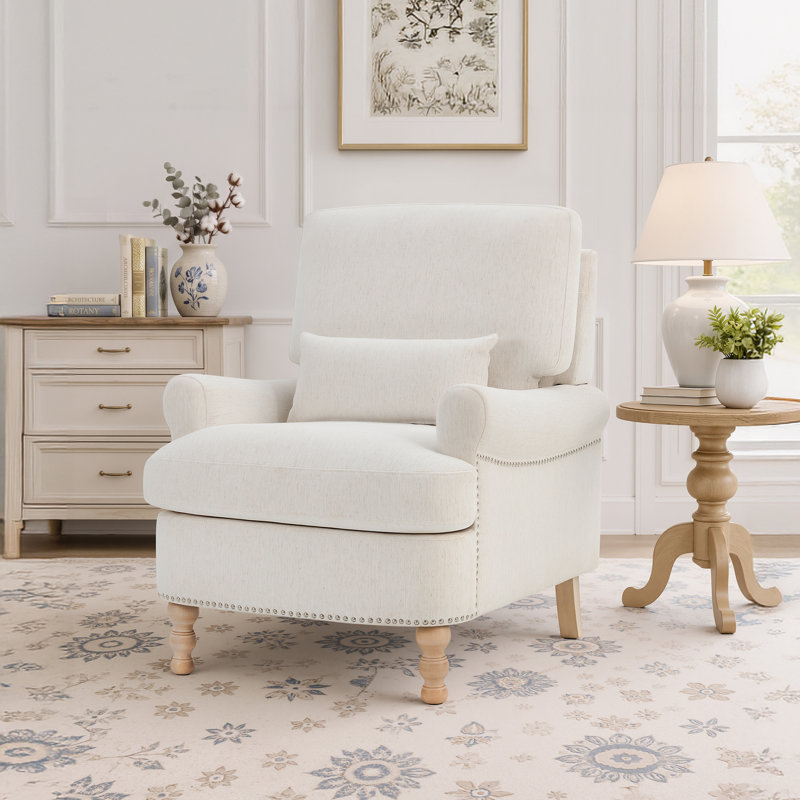 Fauteuil d'appoint Rickon style campagne française, avec accoudoirs arrondis et coussin lombaire, idéal pour le salon, la chambre ou le bureau à domicile.