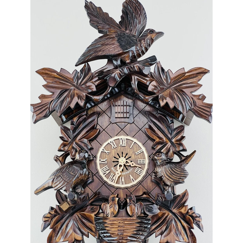  Eight Day Cuckoo Clock – 17 in Height – Hand-Carved Leaves, Birds & Bird Nest