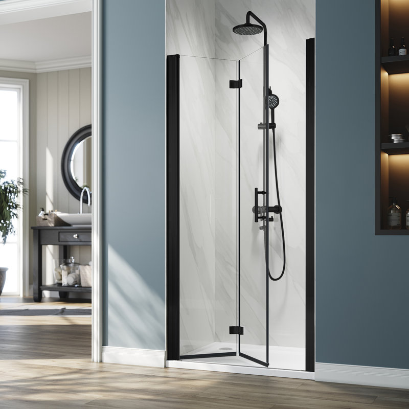 BFH 30"W*72"H  Bifold Frameless Shower Door,6mm Clear Tempered Glass, 180° Folding Hinge, Matte Black