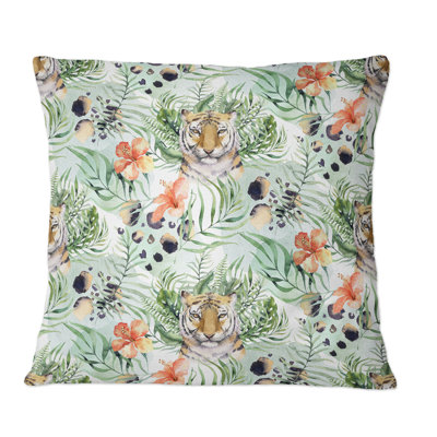 Tigre avec motif de tigres et de feuilles tropicales - Coussin décoratif à motif