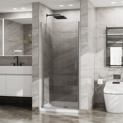Porte de douche pivotante de 34 po x 72 po, porte de douche battante en verre trempé épais de 1/4 po au fini chromé, conception sans cadre
