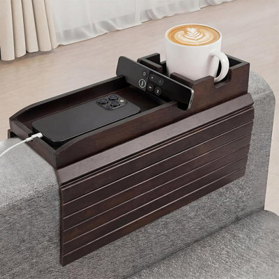 Bamboo Sofa Arm Tray With Cup Holder – Non-Slip Foldable Couch Table For Wide & Slim Armrests, Fits Cups Up To 3.5 Inches- The Fit Range (4.7–16.9 In) - Brown