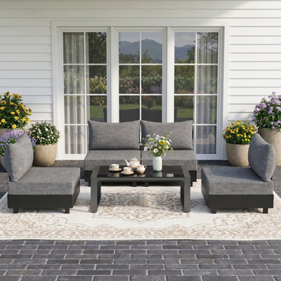 Ensemble modulaire de patio extérieur 5 pièces, ensemble de mobilier de patio tout en aluminium avec coussins épais de 6 po, ensembles de conversation de patio résistant aux intempéries pour la cour, la terrasse et le jardin