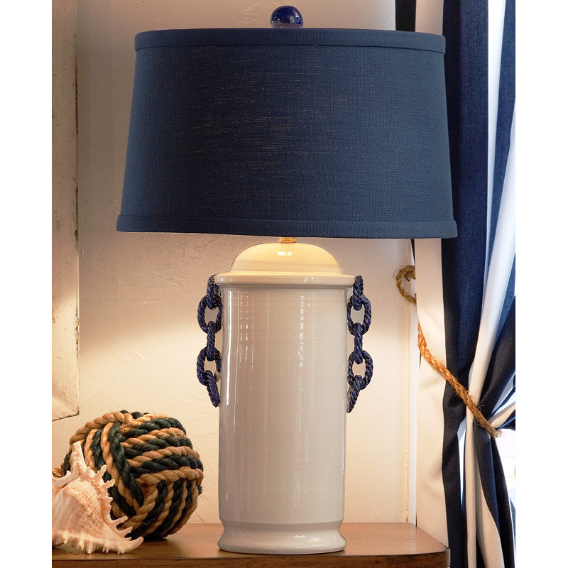 Navy Blue and White Ceramic Table Lamp with Drum Shade