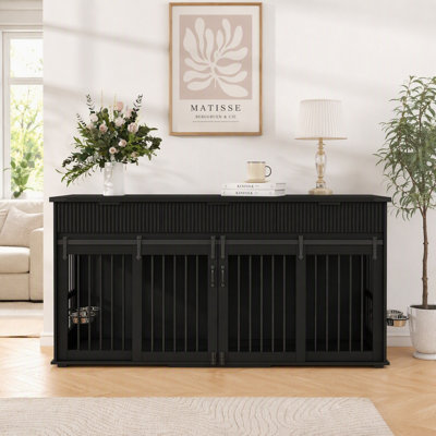 71'' Furniture Style Double Dog Crate Furniture, Large Dog Kennel Furniture with 3 Fluted Drawers, Waterproof Woodgrain Tabletop, Type-C Outlet & Rotating Feeders for Heavy Duty Dogs