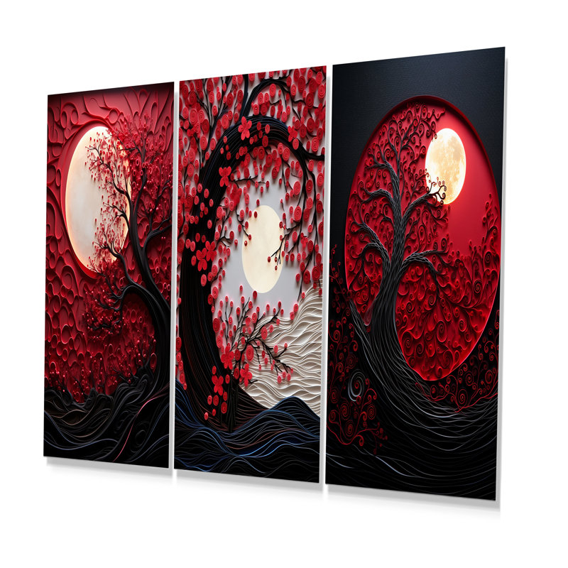 Red Moon Ruby Radiance - ensemble d'art mural en métal lune 3 pièces, H 28 po x l 36 po