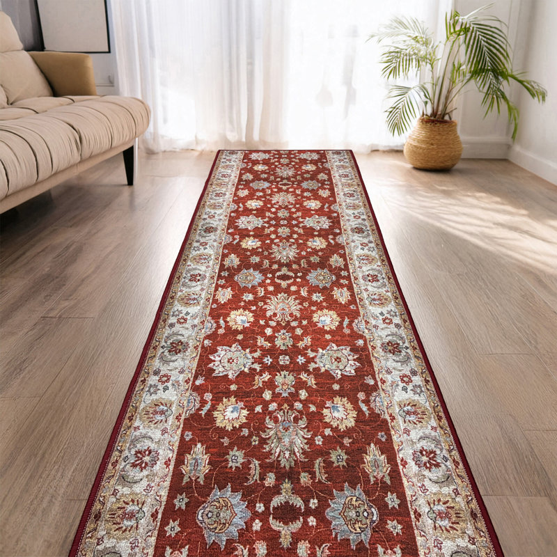 Tapis de couloir sur mesure à motif floral lavable antidérapant sur mesure rouge Veronica, Tapis de couloir 2 pi 2 po x 6 pi
