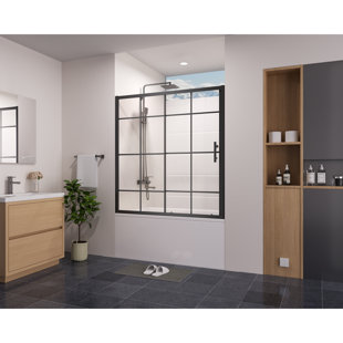 60" W X 58" H Framed Grid Pattern Single Sliding Bathtub Door
