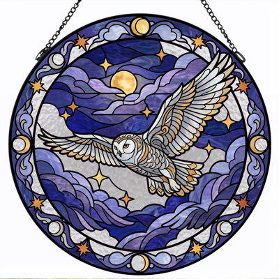 Owl Night Stained Glass Window Panel，12"H