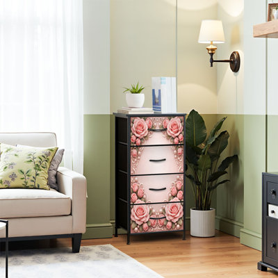 Commode 4 tiroirs pour chambre à coucher, commode étroite, plateau en bois et structure en fer pour bureau 18 po x 37,5 po (lxH) - Avec un élégant motif floral rose rose et des tourbillons ornementaux