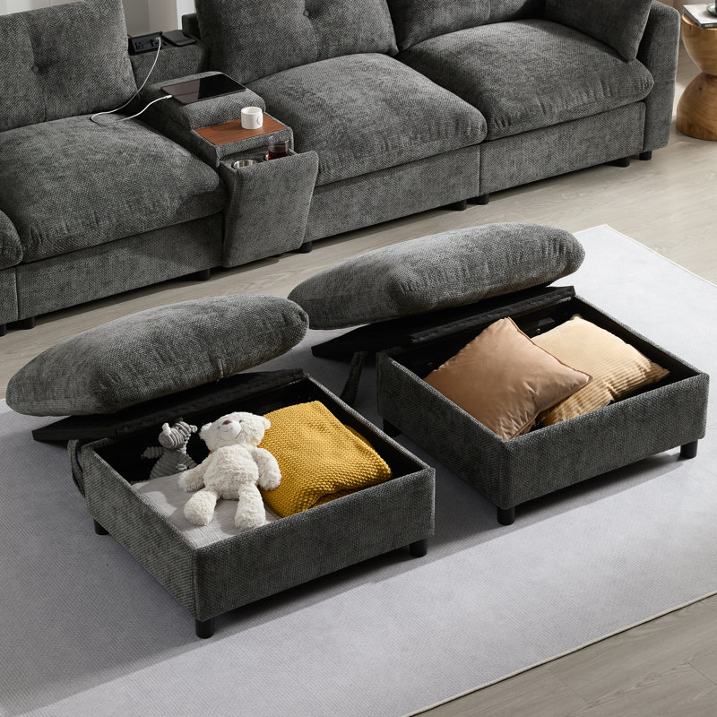Modular Sectional Sofa With Movable Storage Ottoman And Console, Cup Holder, Wide Seat, 6 Seat U Shaped Couch, Oversized Sofa With USB Charger