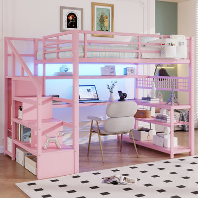 Loft Bed With Staircase, Wardrobe, Desk, Storage, LED Lights, And Charging Station For Modern Living
