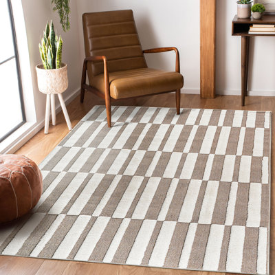 Tapis d'intérieur 6 pi 7 po x 9 pi à motif géométrique beige / crème à rayures modernes sans perte de poils pour salon