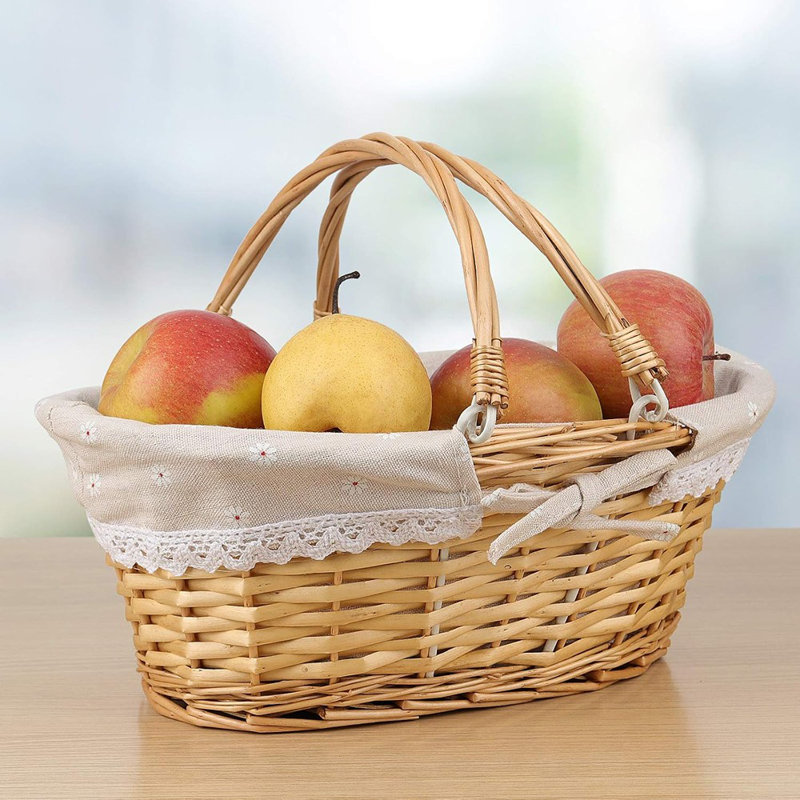 Panier en osier naturel tissé | Panier en saule de qualité supérieure avec poignée | Doublure en lin et en coton | Style rustique classique pour le cadeau, le pique-nique et la décoration intérieure
