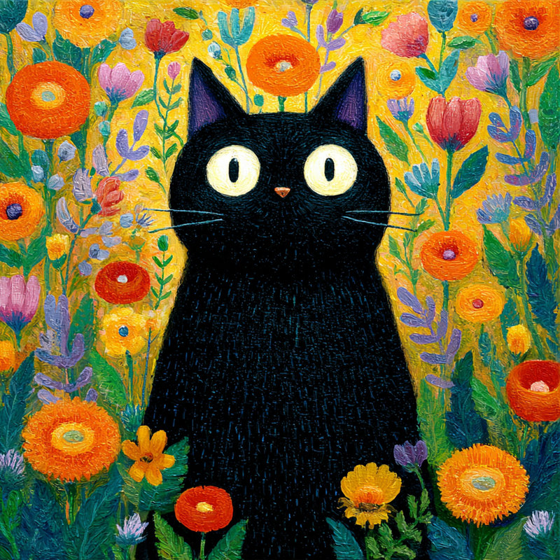 «Bright Eyes Cat in Flowers II», art mural sur toile tendue, H 30 po x l 30 po, 1
