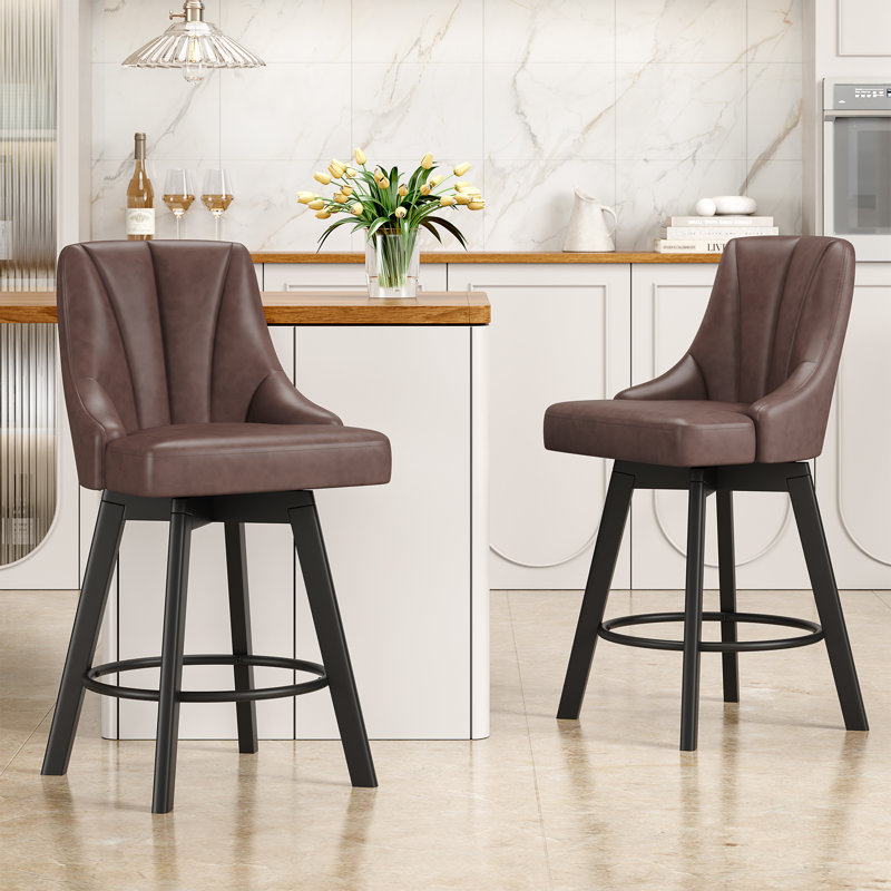 Swivel Bar Stool of 1 / 2, 24" Counter Height Bar Stool with Back, PU Leather Upholstered Counter Stool with Solid Wood Legs for Kitchen, Home Bar