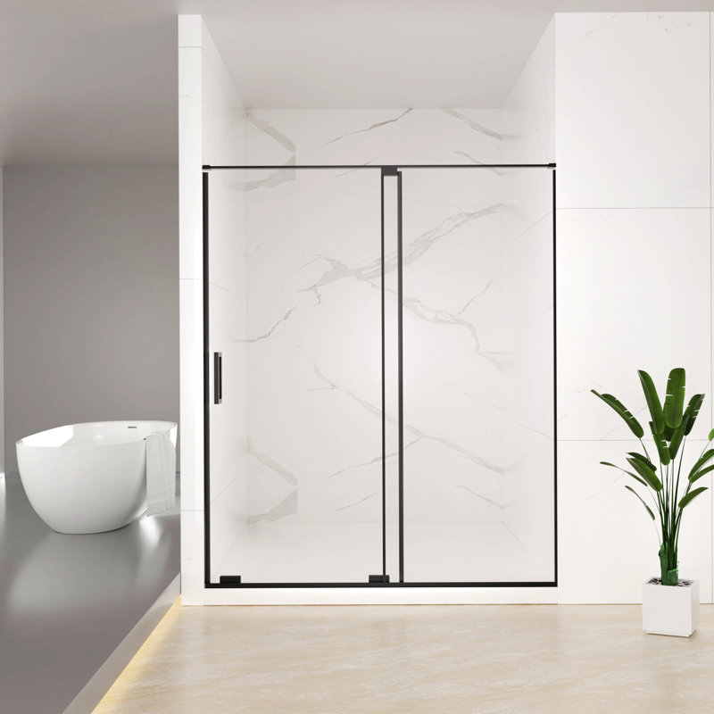 Porte de douche coulissante semi-sans cadre l 56 à 60 po x H 72 po, verre trempé transparent Scgg 5/16 po (8 mm), finition noir mat, largeur de coupe réglable 4 po