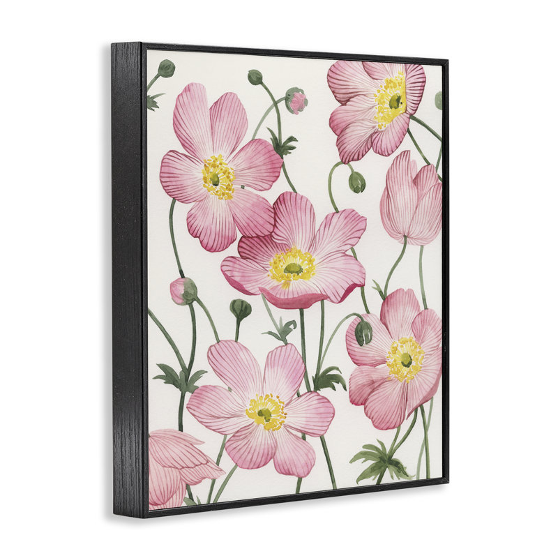 Anémones roses douces, estampe numérique, design de Grace Popp, H 20 po x l 16 po, Giclée encadrée noir minuit