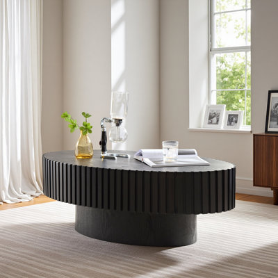 Modern Handcraft Drum Coffee Table Length 43.7 Inch Ellipse Coffee Table For Living Room,Oval Small Coffee Table With Sturdy Pedestal