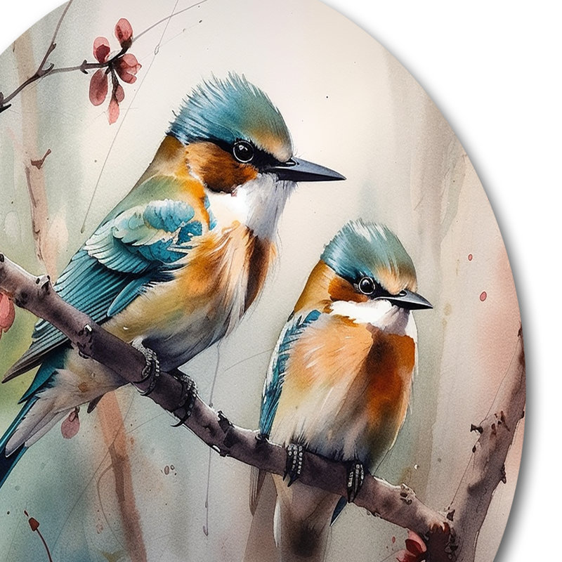 Oiseaux bleus sur une branche I - Art mural rond en métal à motif floral, H 36 po x l 36 po x P 1 po