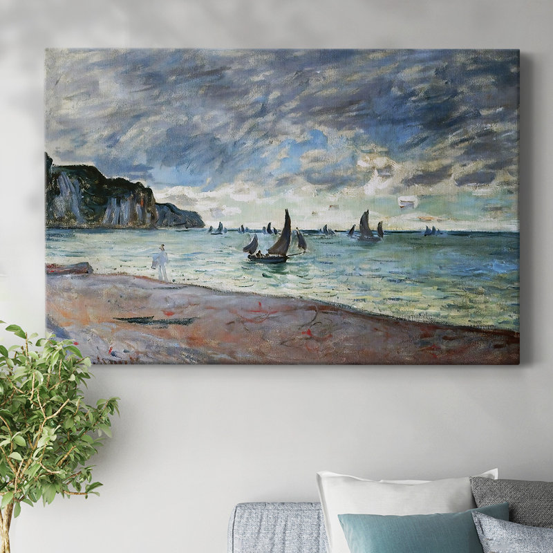 Bateaux de pêche près de la plage et des falaises de Pourville, 1882 - Toile tendue avec châssis, H 12 po x l 18 po