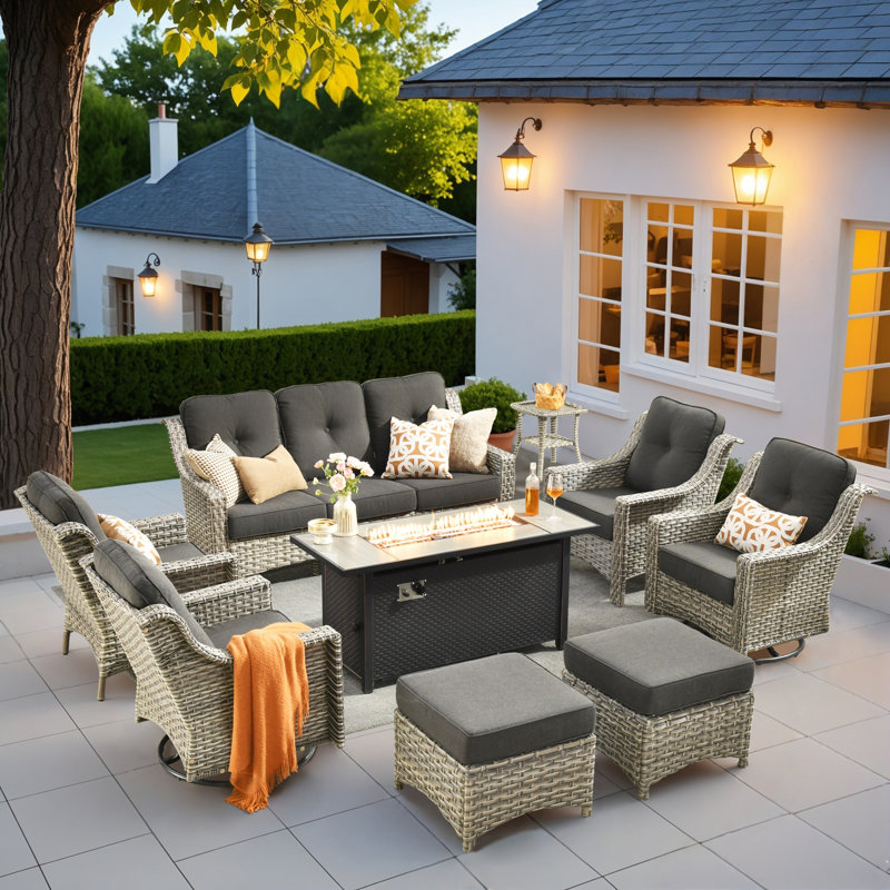 9 Pieces Patio Furniture Set With 53" Fire Pit Table, Outdoor Wicker Swivel Rocking Chairs With Comfy Cushions, All-weather High Back Sofa Couch Set For Backyard Or Lawn