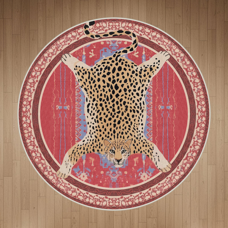 Tapis rose à imprimé léopard Alinda, Rond 5 pi, Pink
