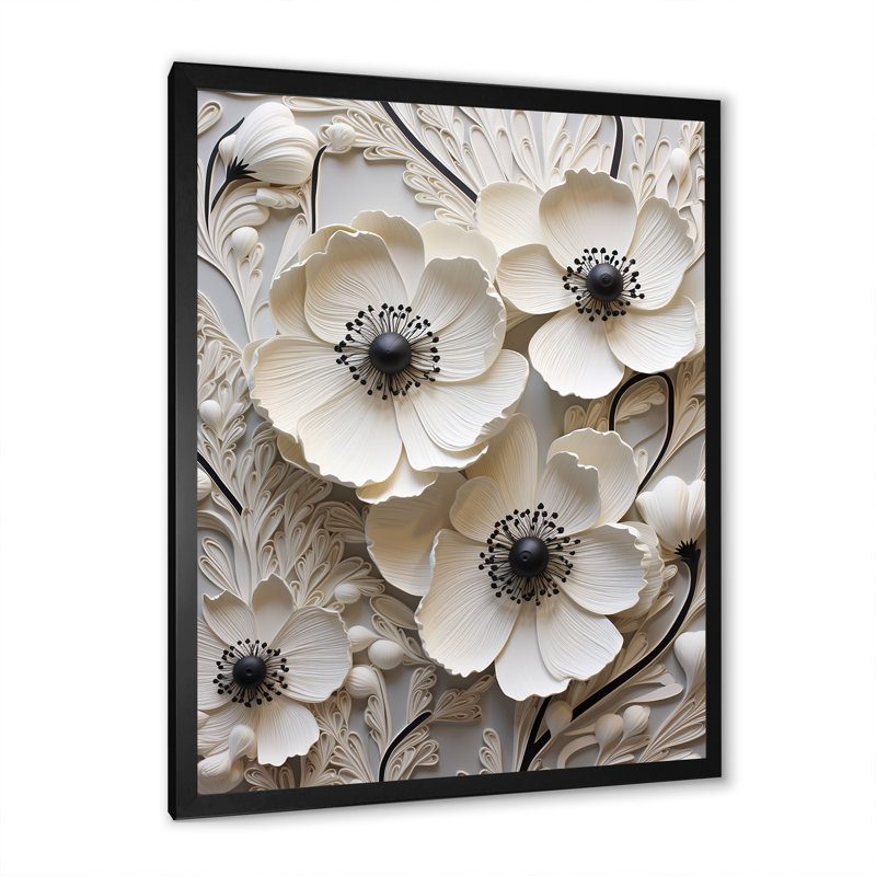 Décoration murale blanche renoncules blancs sur beige II - renoncules, H 44 po x l 34 po x P 1,5 po, Cadre simple noir