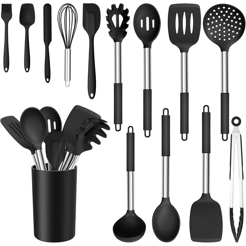 Ensemble 14 pièces d'ustensiles de cuisine en silicone avec support, spatule, louche, cuillère, pince, poignée en acier inoxydable résistante à la chaleur