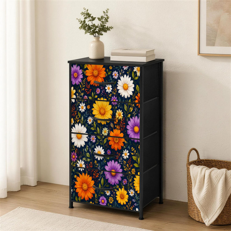 Commode à 4 tiroirs pour chambre à coucher colorée et vibrante avec fleurs colorées Daisy Blooms