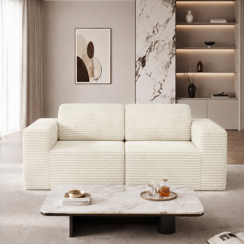 Modular Corduroy 202cm 2-seater Boneless Sofa, No Assembly Required, With High Rebound Sponge, Beige