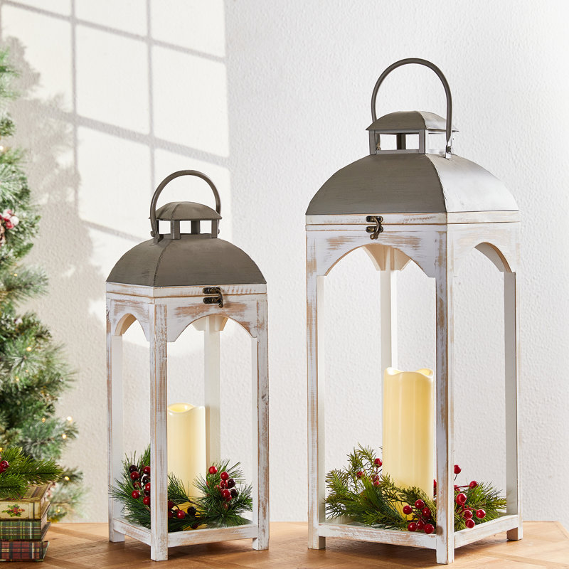 Medders 2 Piece Wood Tabletop Lantern Set, White