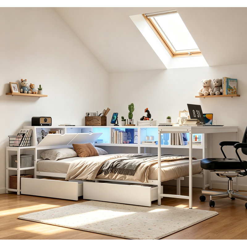 Cadre de lit d'angle avec bibliothèque, 2 tiroirs de rangement sous le lit et casiers de rangement ouverts, lit de jour moderne en métal avec lumière DEL et station de charge pour les petits espaces