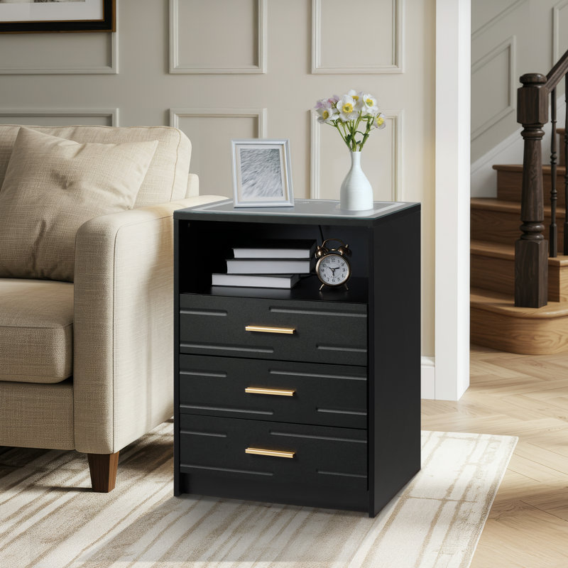 LED Nightstand with Drawers, Wireless Charging, & USB & Type-C Charging Ports, Black