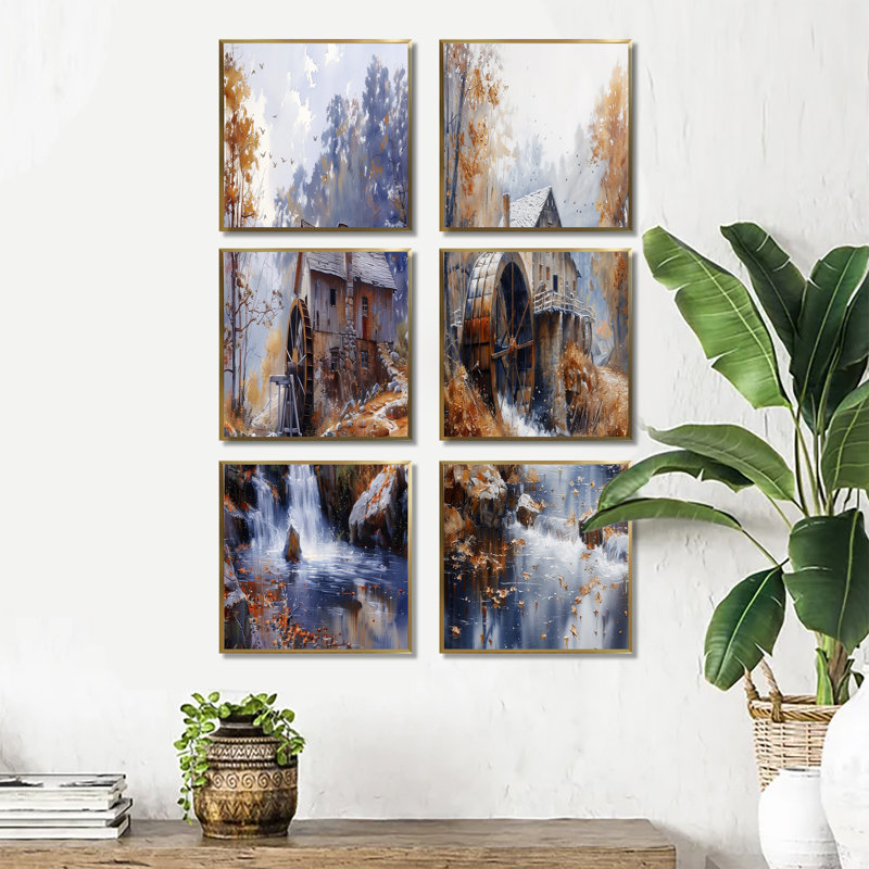 Ensemble de 6 toiles grises orange et orange avec moulin à eau, Impression encadrée sans passe-partout, Doré